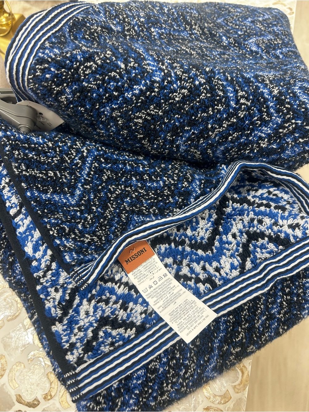 Two Missoni Blue & Black Chevron Knit bath towels